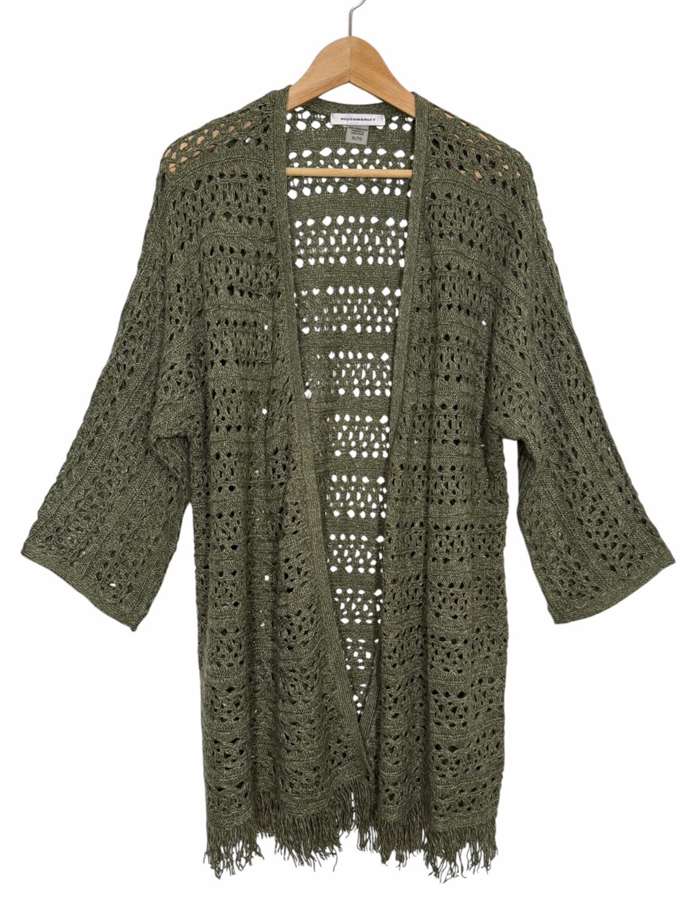 Allison Daley Open Front Crochet Cardigan Olive Green Fringe Women XL Boho Kimon